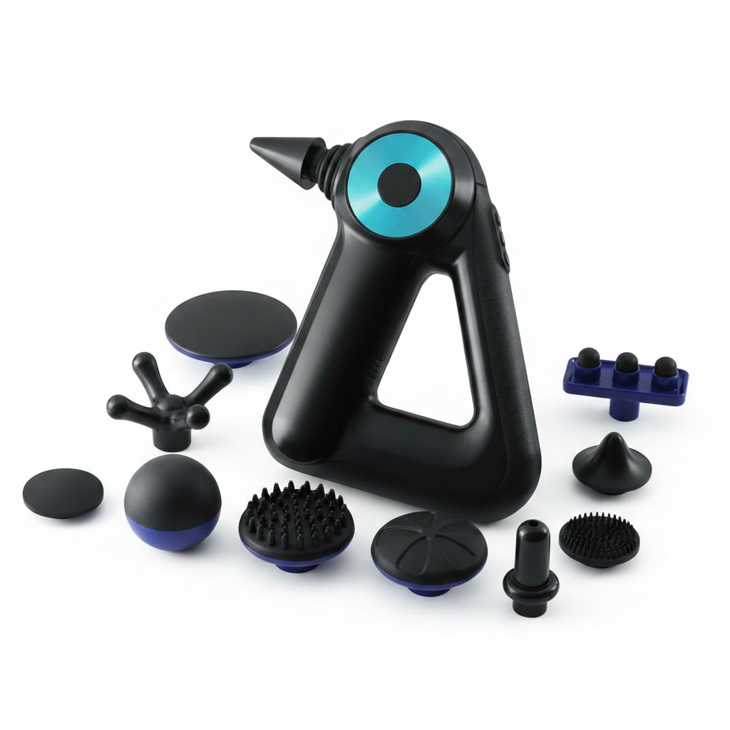 Percussion Massage Gun with attachments on white background